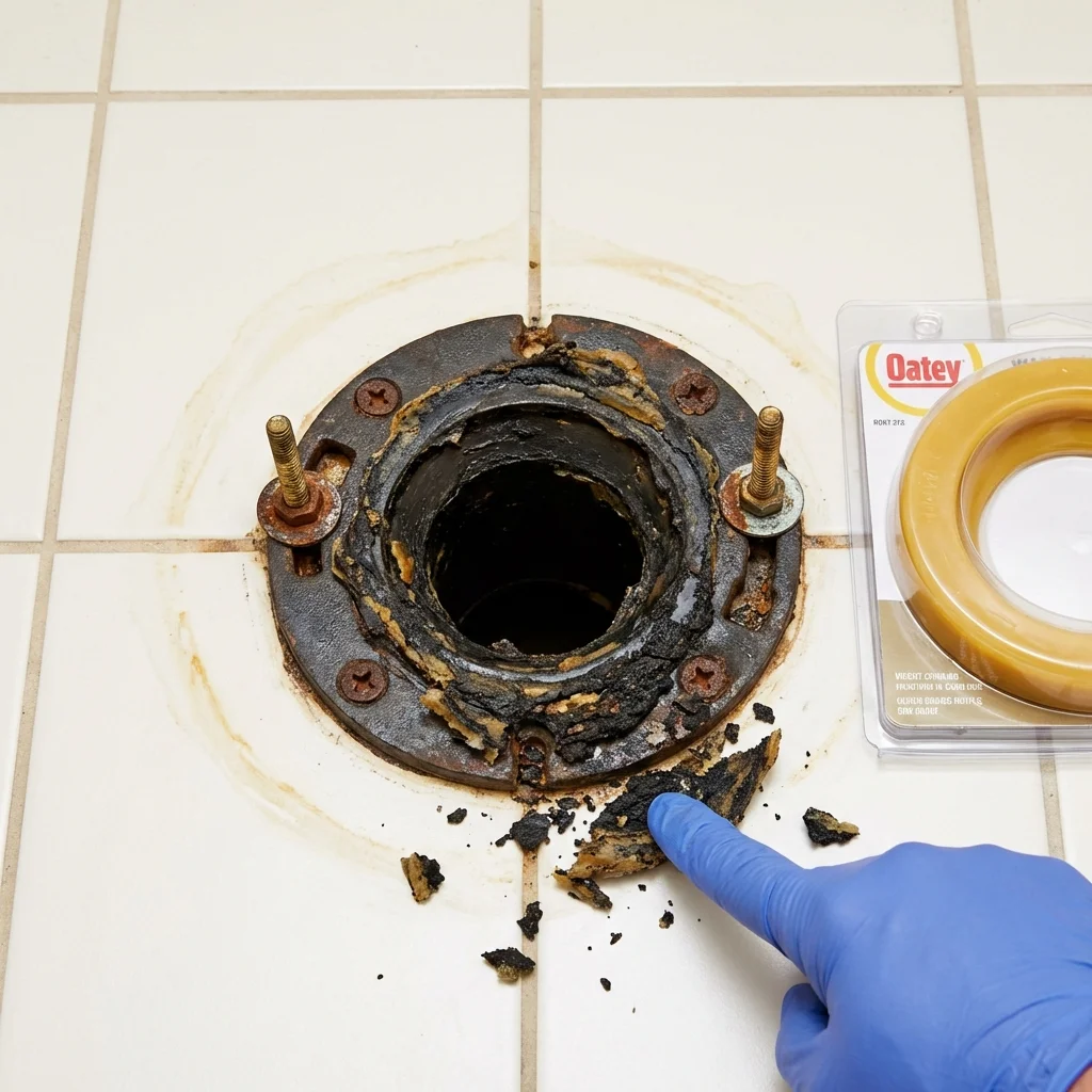 Failed wax ring showing water seepage at the base of a toilet in a Brownsville, TN home
