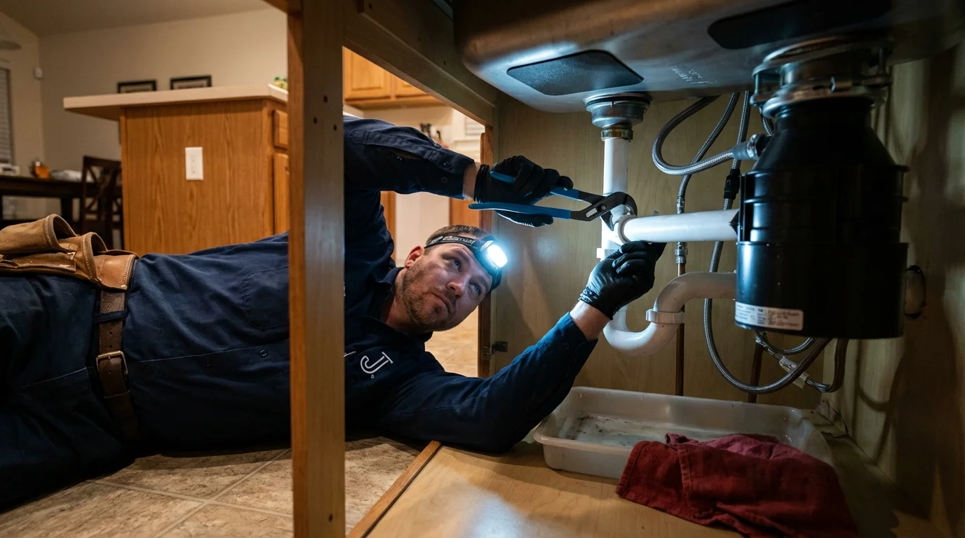 P-trap and supply line connections under a kitchen sink showing a common leak point in Brownsville, TN